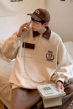 港风2024春新ins宽松拼色刺绣潮流POLO卫衣男情侣大码Y963P65，男装卫衣，电商A222A