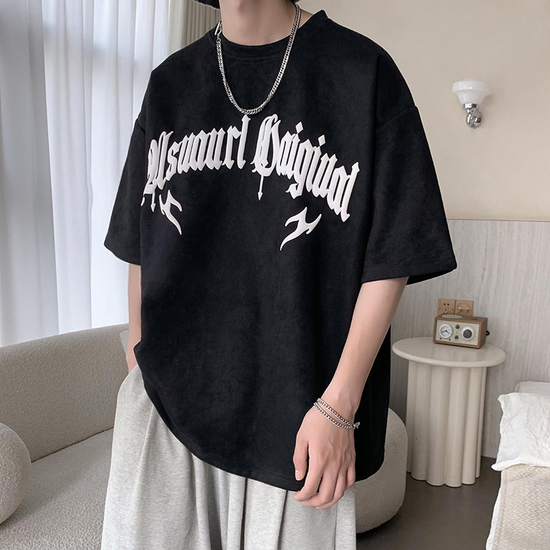 港风夏新oversize鹿皮绒发泡宽松美式休闲潮流短袖T恤男Y238P35,男装T恤,电商A222A
