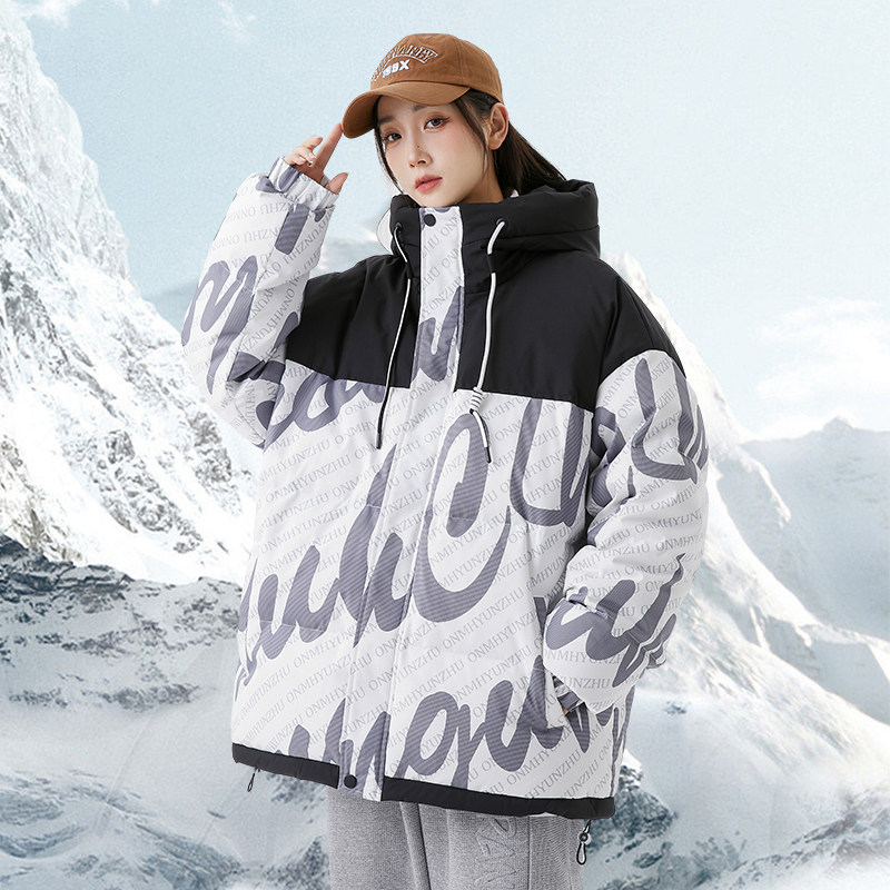 美式高街2024冬90%标羽绒服女连帽潮拼接宽松情侣大码YR72P298，女装羽绒服，电商A222A