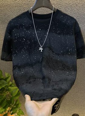 满天星空廓形短袖T恤男款潮牌美式大码衣服夏季宽松男士半袖体恤