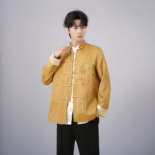 2025春秋新款新中式唐装男衬衫套装长袖中老年太极服国风晨练