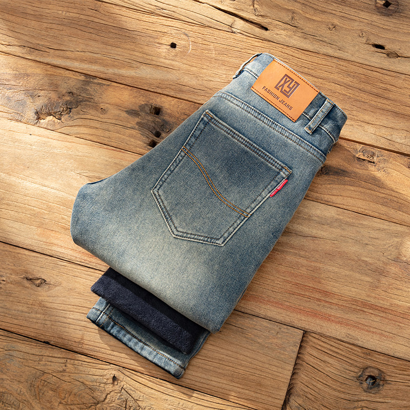 加绒加厚牛仔裤男士2025年新款复古冬季御寒保暖修身直筒弹力长裤