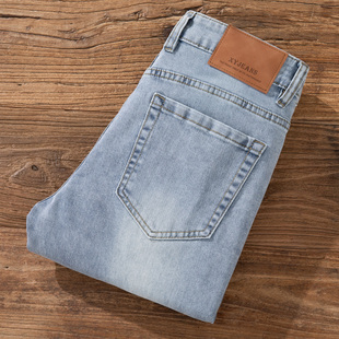 外贸品质秋冬厚款浅色复古牛仔裤男士商务休闲弹力百搭修身小脚裤