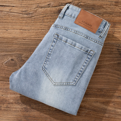 外贸品质秋冬厚款浅色复古牛仔裤男士商务休闲弹力百搭修身小脚裤