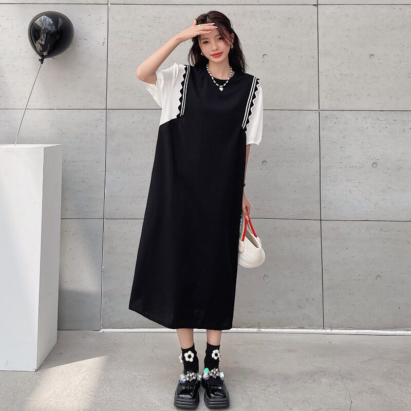 2025夏装新款胖mm港味复古chic连衣裙遮肚显瘦大码女装拼接中长裙