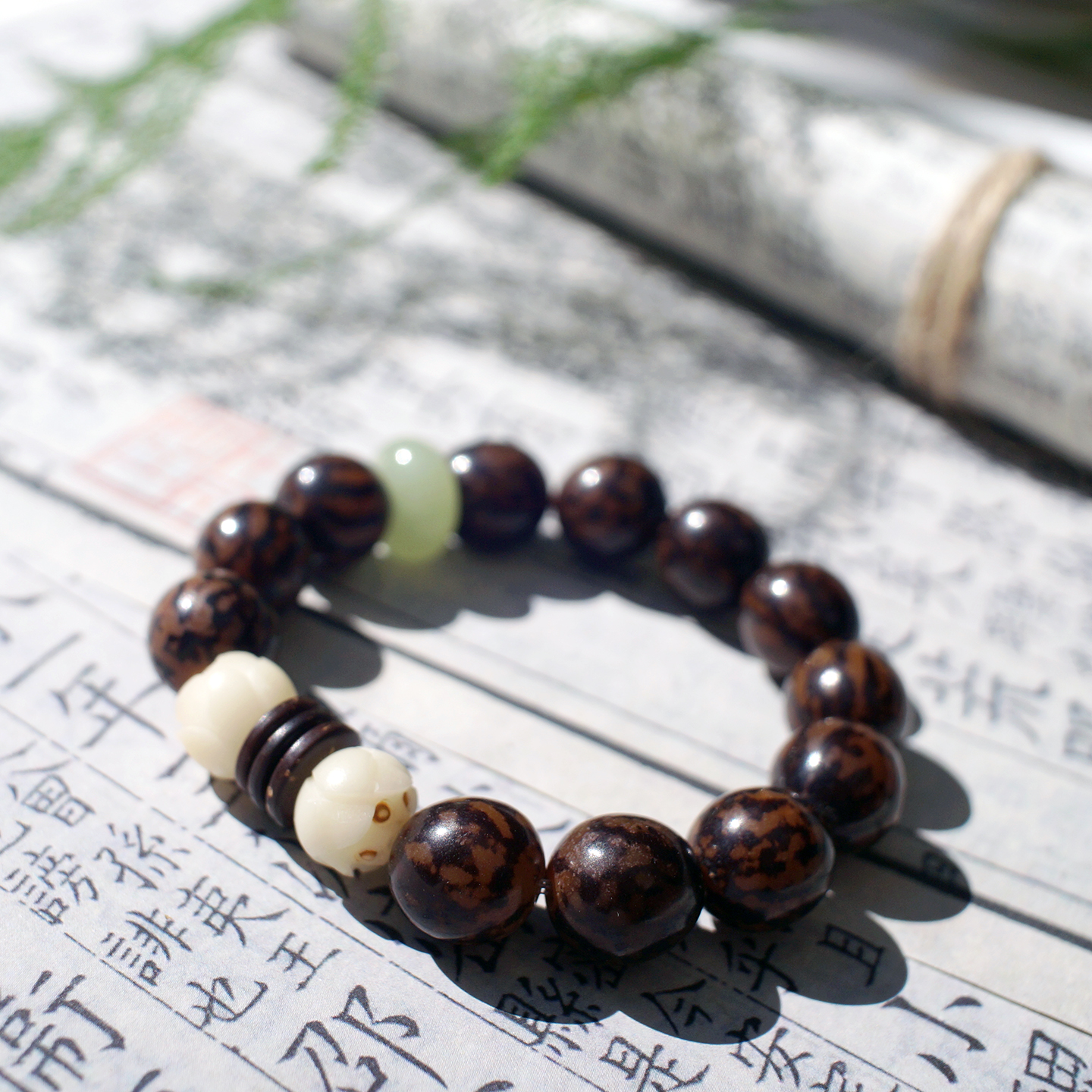 树言果语原创菩提子天然虎斑菩提与莲花雕刻单圈清新文艺手串包邮