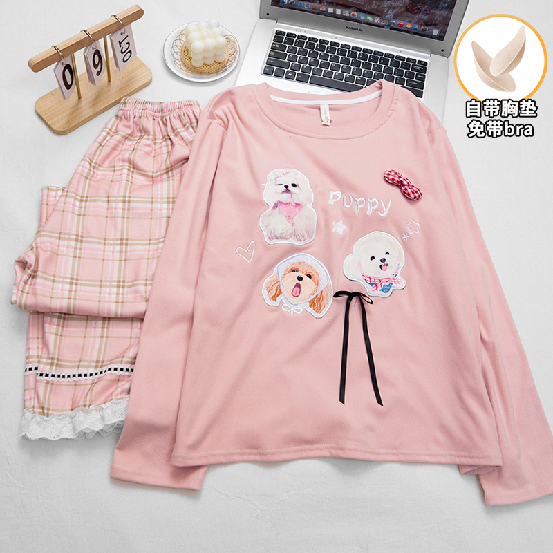 带胸垫德绒睡衣女秋冬家居服套装