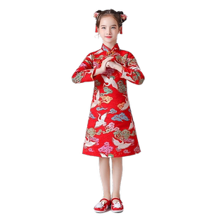 儿童唐装女童旗袍新年装中国风过年女孩花童喜庆红色拜年服加绒夏