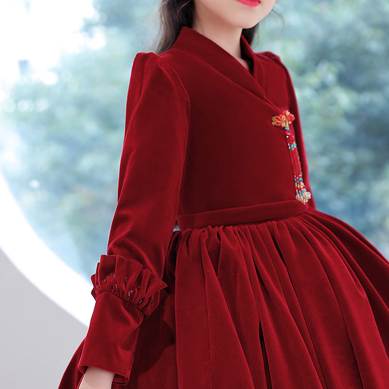 女童公主裙蓬蓬小孩花童婚纱儿童礼服中国风演出服高端加绒布秋冬