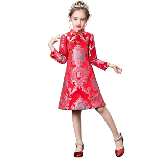 儿童旗袍女童长袖洋气中式唐装拜年服中国风演出服晚礼服高端轻奢