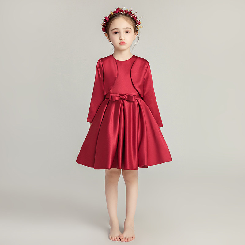 儿童晚礼服公主裙女童晚宴花童礼裙酒红色长袖主持人钢琴演出服秋