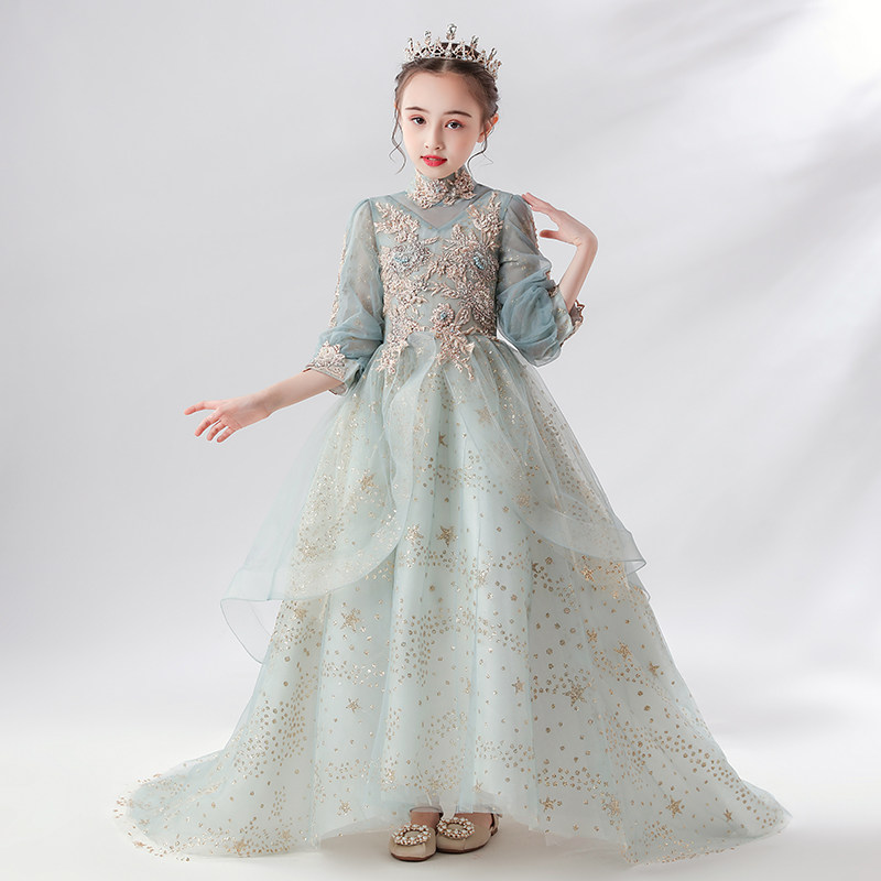 儿童晚礼服花童公主裙女童蓬蓬纱超长婚纱拖尾高端钢琴演出服走秀