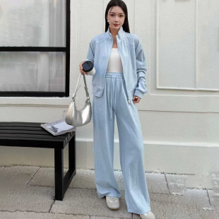 拉链上衣松紧腰直筒裤两件套女2026春装新款宽松显瘦休闲气质套装
