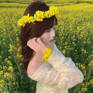花圈头饰新款仿真油菜花户外春游花环田园景区踏青头饰仙女孩发圈