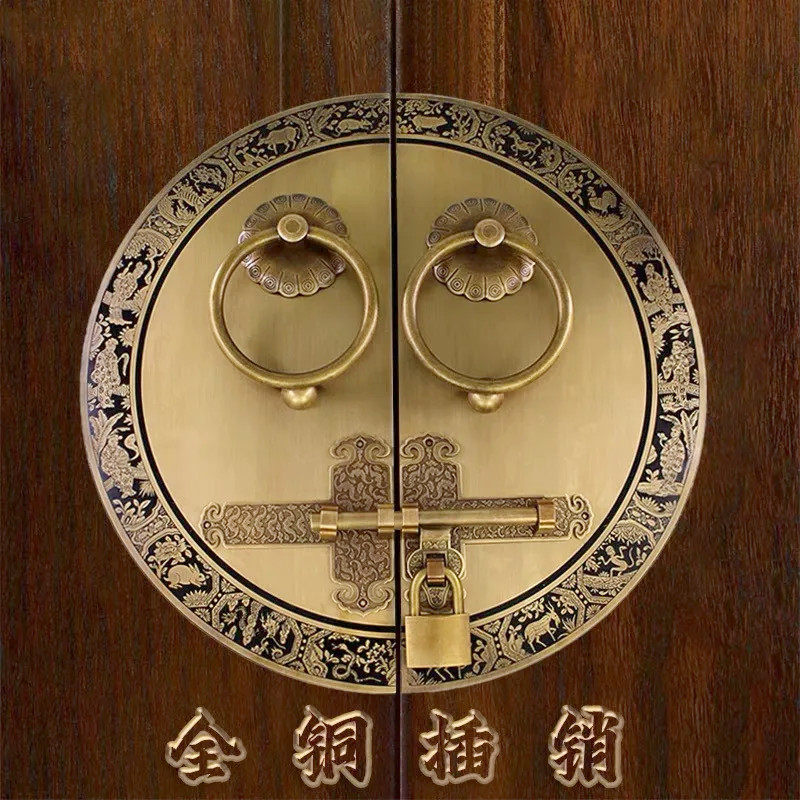 中式明插销纯铜门栓双开门锁扣木门铜插销复古实木大门圆形铜拉环