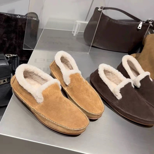 2025秋冬新款复古圆头平底羊羔毛乐福鞋女加绒保暖毛毛鞋豆豆鞋女