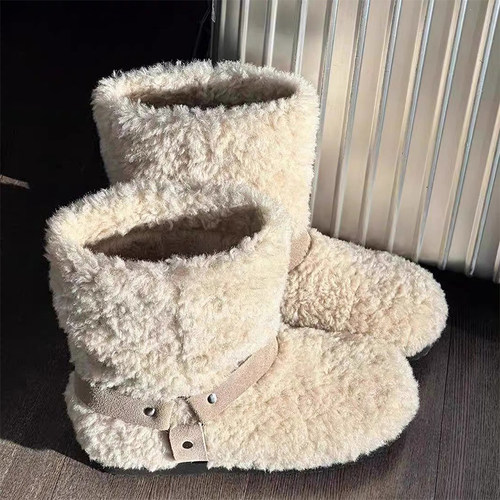 韩版圆头皮带扣羊羔毛雪地靴女