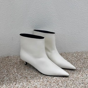 2025秋冬新款 尖头宽筒短靴女真皮百搭短筒小猫跟踝靴细跟裸靴 韩版