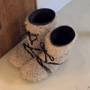 2025秋冬新款 复古绑带蝴蝶结厚底羊羔毛雪地靴真皮保暖中筒靴 韩版