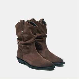 2025秋冬新款 复古尖头擦色褶皱堆堆靴女真皮百搭低跟西部靴中筒靴