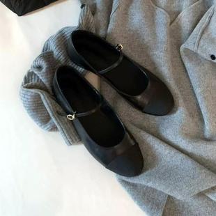 女真皮百搭浅口一字扣带单鞋 圆头拼接平底玛丽珍鞋 女 韩版 2025新款