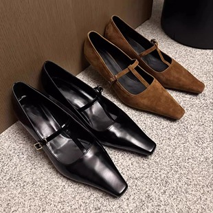 2026韩版新款小方头t字带浅口单鞋真皮复古细跟高跟鞋包头凉鞋女