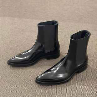 2025秋冬新款 复古尖头切尔西短靴女真皮平底中筒靴百搭套筒瘦瘦靴