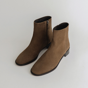 2025秋冬新款 裸靴子 复古圆头粗跟短靴女真皮平底瘦瘦靴马丁靴韩版