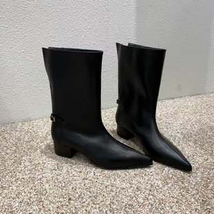 2025秋冬新款 尖头V口中筒靴真皮粗跟宽筒西部靴平底时髦短靴 韩版