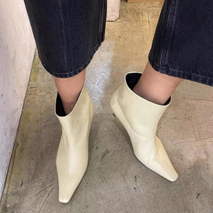 2025秋冬新款 小猫跟短靴女真皮百搭细跟裸靴小方头切尔西短靴 韩版