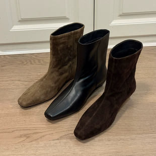 2025秋冬新款 复古方头平底短靴女真皮百搭低跟瘦瘦靴直筒靴马丁靴