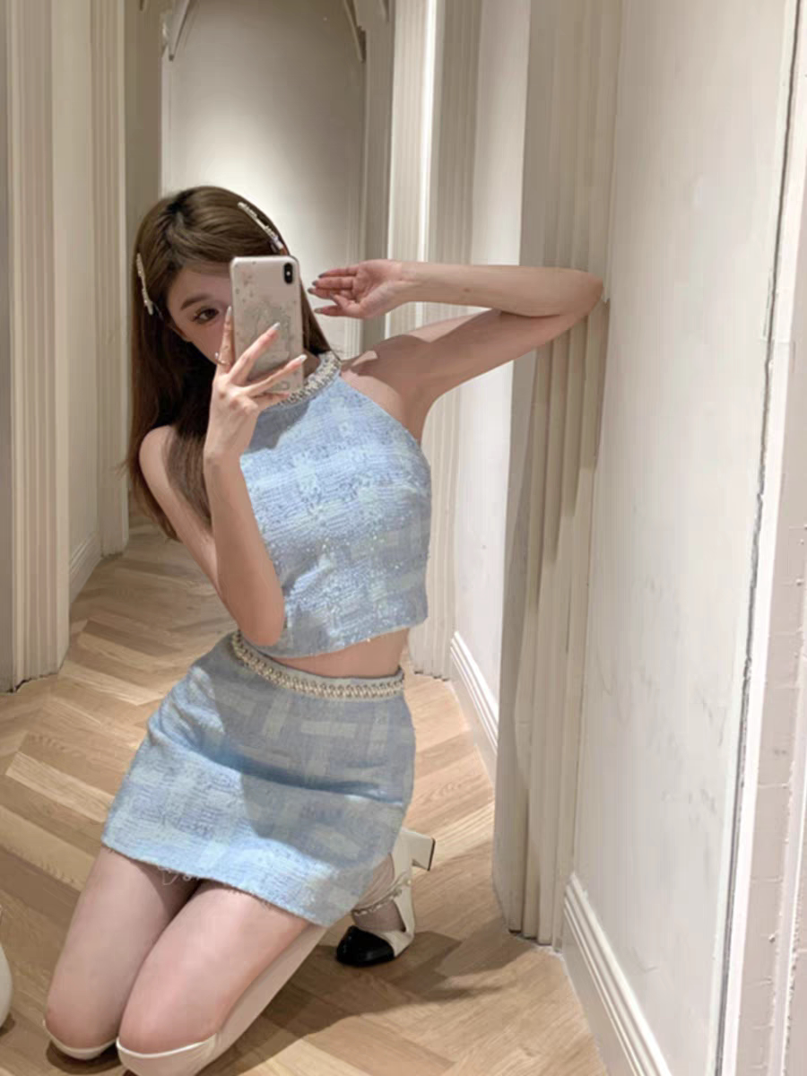 纯欲风辣妹套装女性感无袖钉珠短款背心上衣高腰包臀半身裙两件套