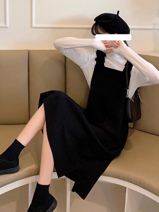 奶系穿搭早秋微胖连衣裙女法式桔梗两件套装秋黑色背带裙子冬2024