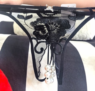 性感内裤女黑色开口挂珠链大珠摩擦鲍鱼刺激刺绣丁字裤火辣诱惑