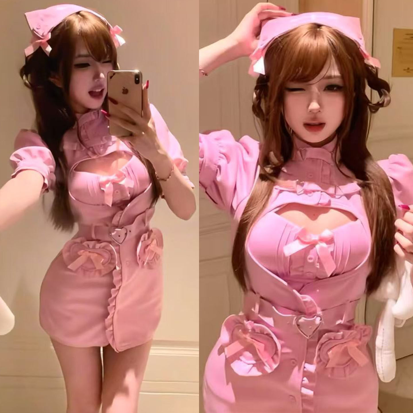 粉色性感甜辣美桃心护士女装穿搭cosplay显身材好出片冲气娃女仆