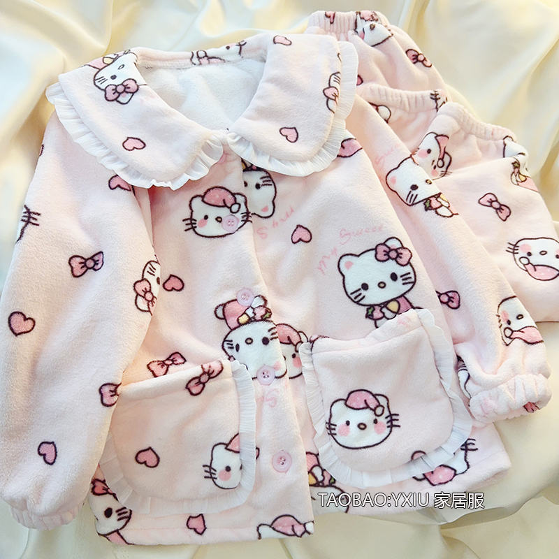 儿童睡衣法兰绒娃娃领秋冬季女童公主加厚加绒甜美KT猫家居服套装