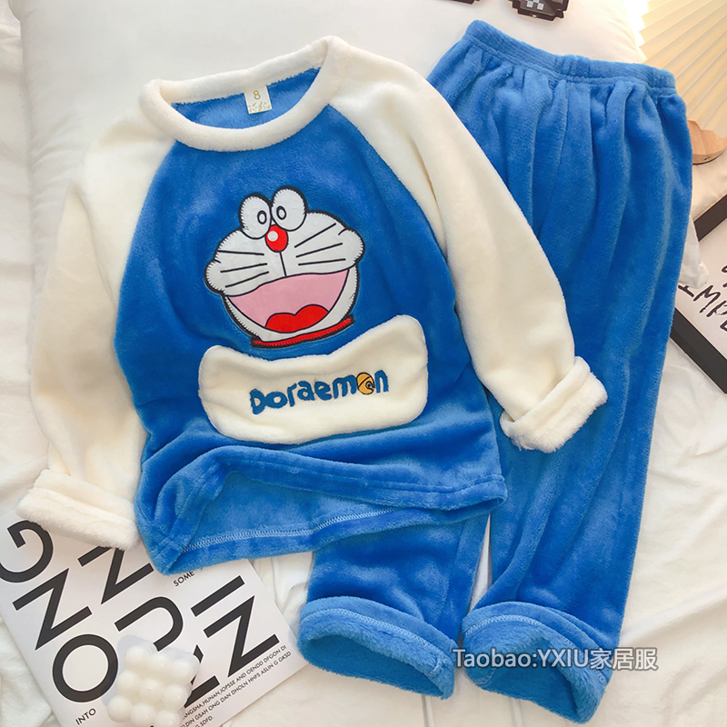 秋冬季珊瑚绒可爱叮当猫儿童睡衣法兰绒薄绒男女童小孩家居服套装