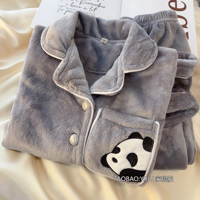 珊瑚绒睡衣男童青少年2025新款秋冬季款法兰绒熊猫儿童男孩家居服