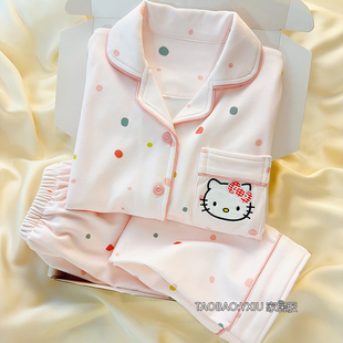 女童睡衣秋冬季德绒长袖翻领套装卡通KT猫韩版学生宝宝儿童家居服