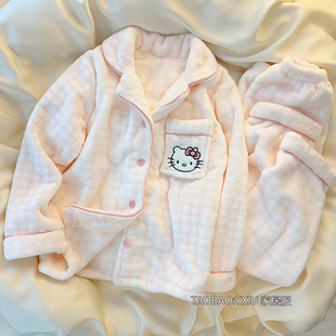 可爱卡通凯蒂猫儿童睡衣女童珊瑚绒加绒加厚保暖初中生家居服套装
