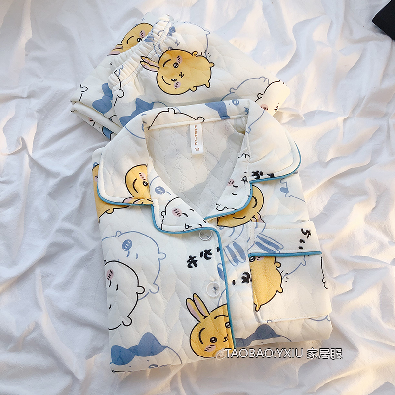 chikawa春秋季儿童睡衣空气棉夹层开衫小八女童秋冬亲子装家居服