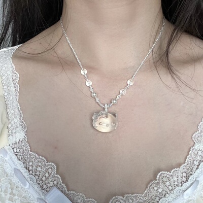 现货！多面体原创天然白水晶kitty吊坠项链女款温柔可爱精致