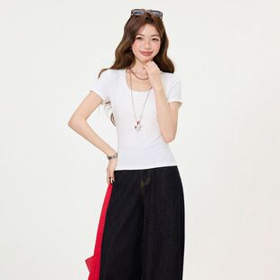 上衣 洋气字母印花短袖 美式 辣妹镂空露背圆领正肩T恤女2026夏时尚