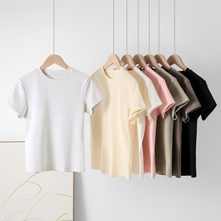 弹力修身 汇美正肩短袖 短款 圆领夏季 辣妹风显瘦短上衣女 t恤女法式