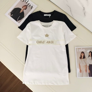 MIKO~2026春夏 简约字母图案重工刺绣短袖圆领套头棉麻混纺T恤女