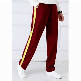 学生校服裤子两道杠运动裤枣红色宽松直筒中小学双白条酒红色校裤