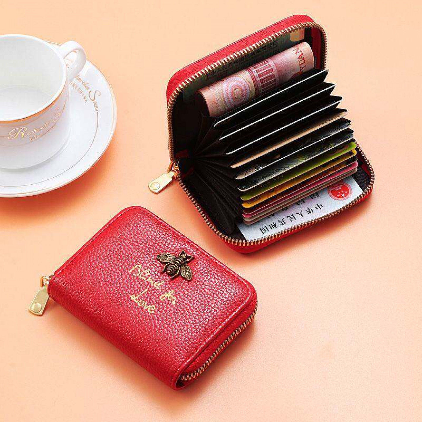 防盗卡包女士拉链短款轻奢小蜜蜂钱包银卡套