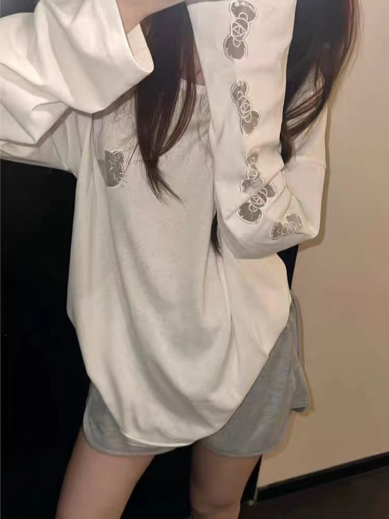 韩代设计感镂空刺绣kitty猫宽松松弛感圆领蝴蝶结百搭长袖防晒tee