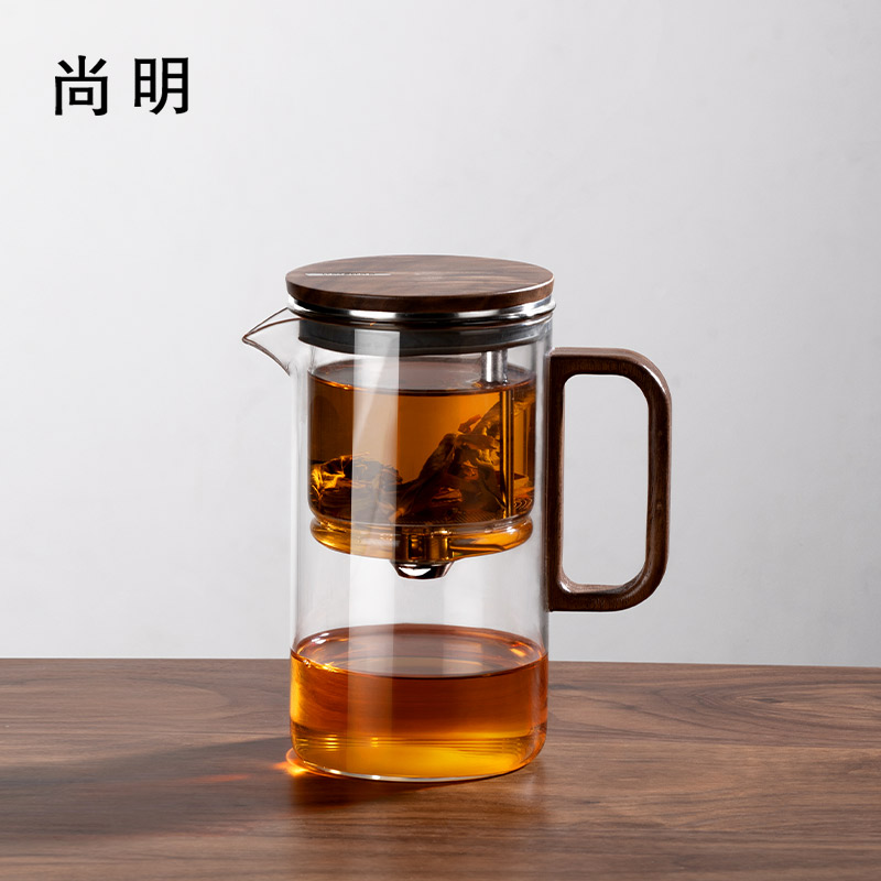 尚明胡桃木泡茶壶无键飘逸杯茶壶磁旋过滤泡茶杯全玻璃内胆茶具