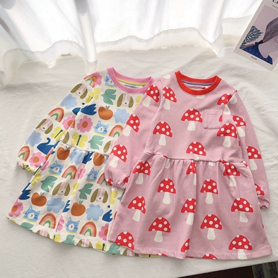 98-152英单BD女童春秋纯棉毛圈长袖蘑菇动物印花连衣裙儿童裙子